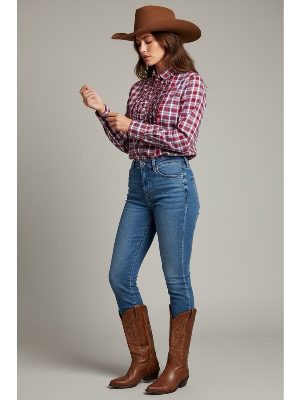 Talbots 12 Red Blue Plaid Long Sleeve Button Down Shirt Ruffle Western Cowgirl